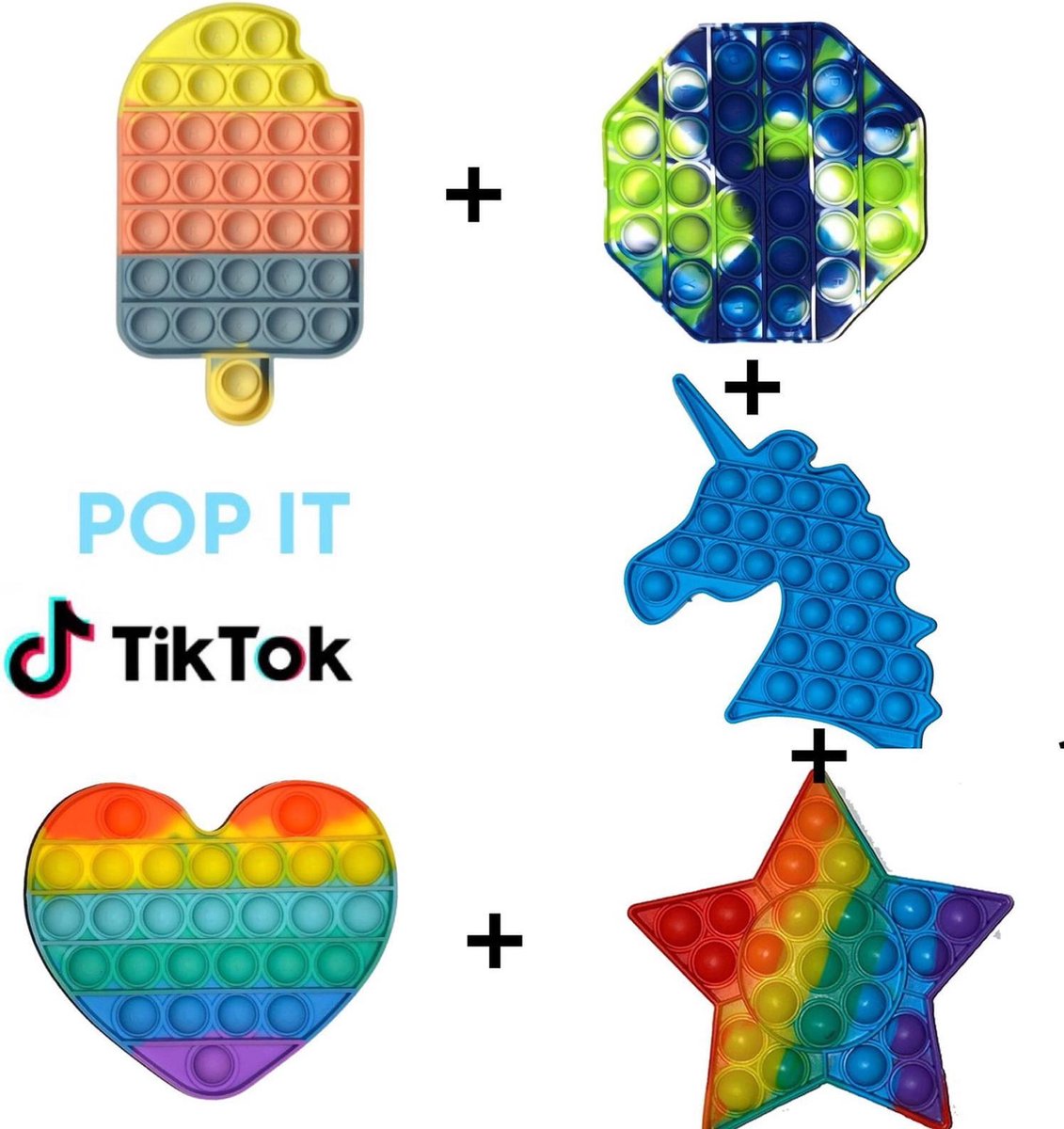 Pop it fidget toy | fidget toys pakket set 5 in 1 regenboog ijsje + achthoek camouflage + regenboog hartje + eenhoorn blauw + regenboog ster | Tiktok trend 2021 | Anti stress